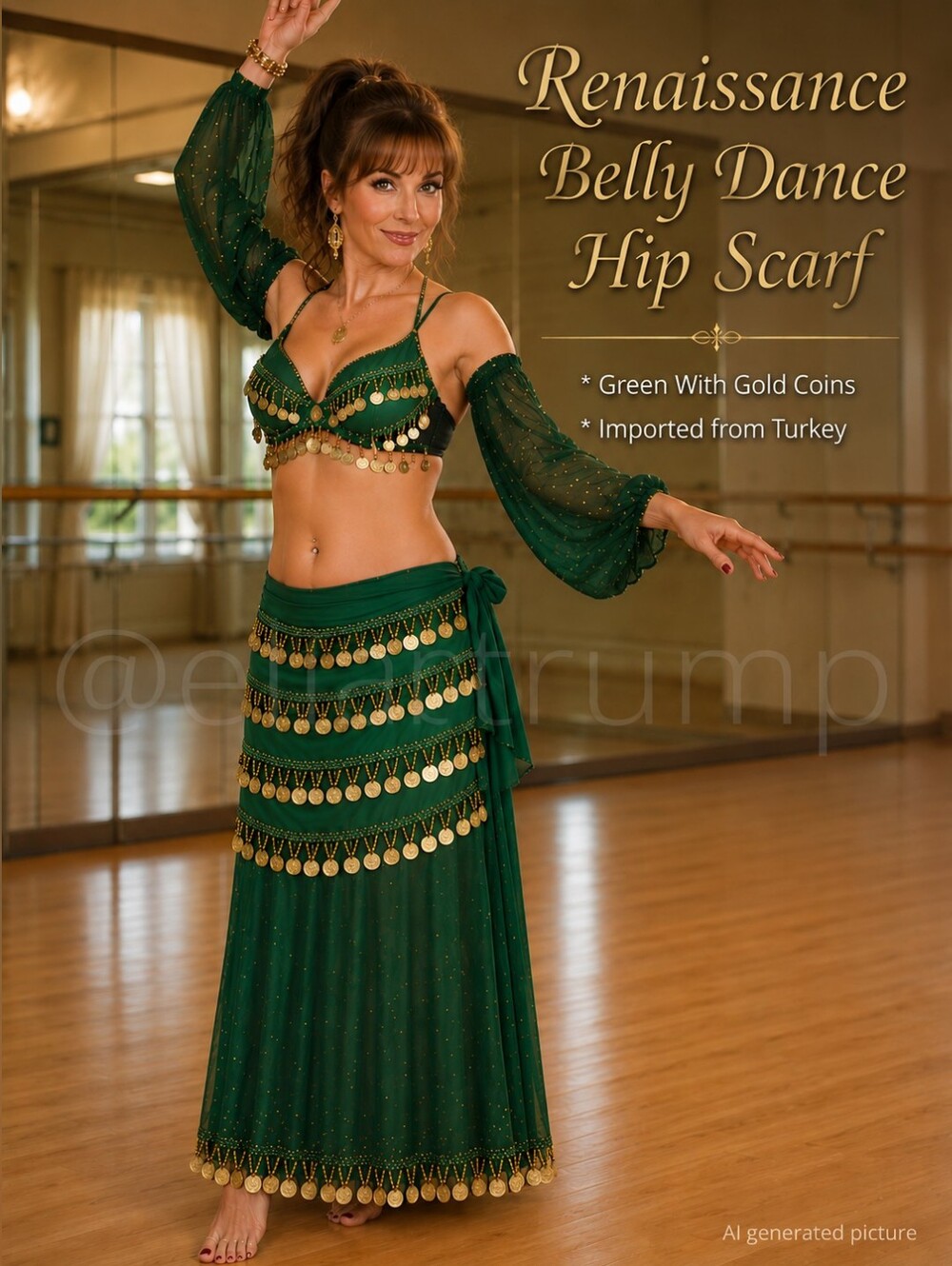 Renaissance Belly Dance Hip Scarf Green With Gold Coins ~New~ Firm Price